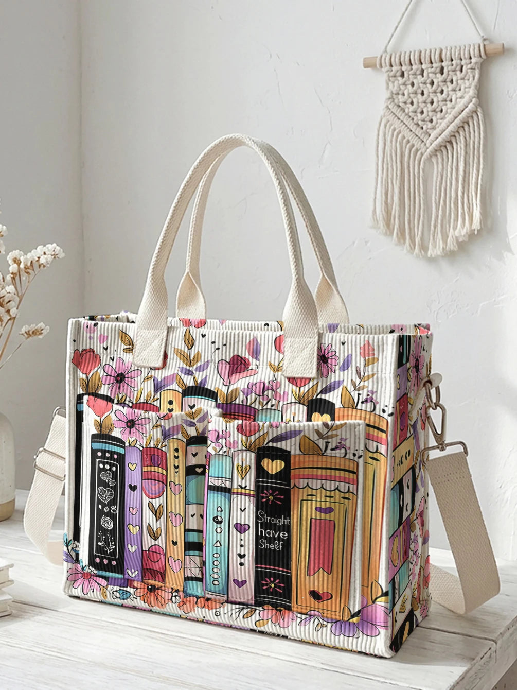 Books & Flowers Corduroy Tote Bag | Choose Your Color