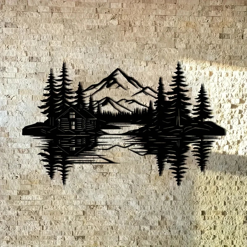 Lakeside Cabin & Mountain Metal Wall Art