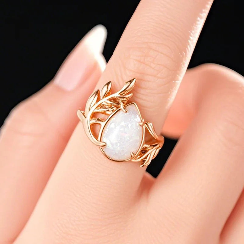Opal-Look Teardrop Leaf Ring | Gold-Tone Boho
