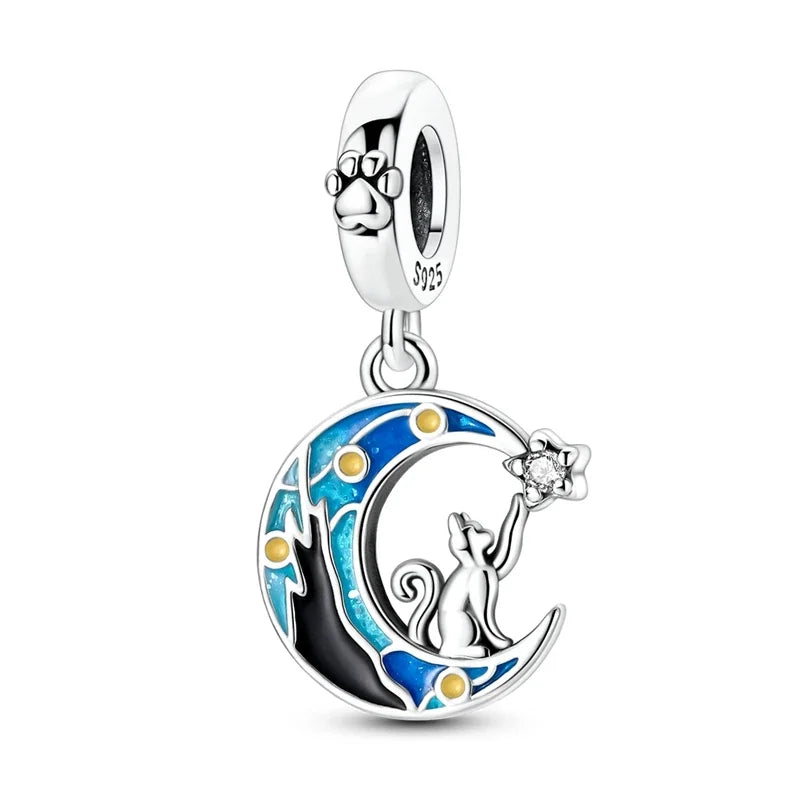 Moon, Cat & Fantasy CZ Charms – Silver Plated Bracelet & Keychain Pendants