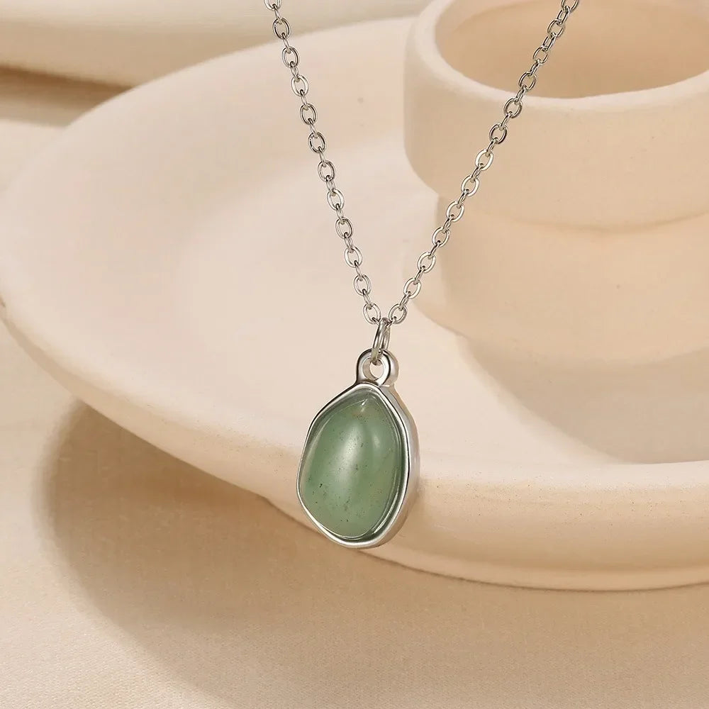 Natural Stone Crystal Pendant Necklace — Irregular Stainless Steel Clavicle Chain for Women