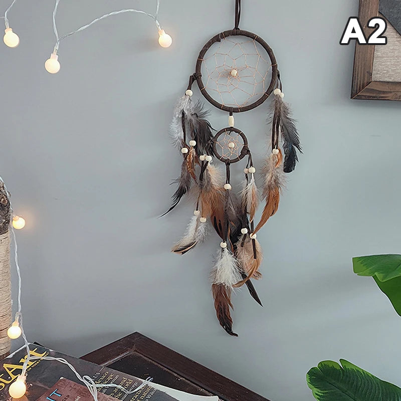Boho Feather Dream Catcher – Handwoven Double-Ring Wall Hanging | Earth Tones