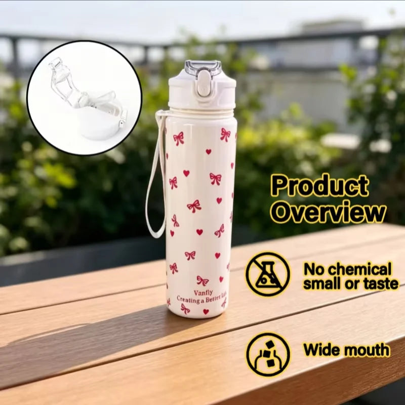 750ml Cute Floral Straw Cup | Strawberry Cherry Flower Bowknot Print