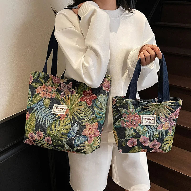 Floral Canvas Shoulder Tote | Four Colors & Two Sizes