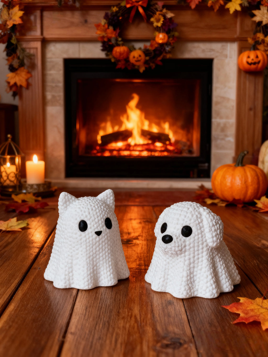 Ghost Cat & Ghost Dog Halloween Statues | Spooky Pet Decor | Set of 2