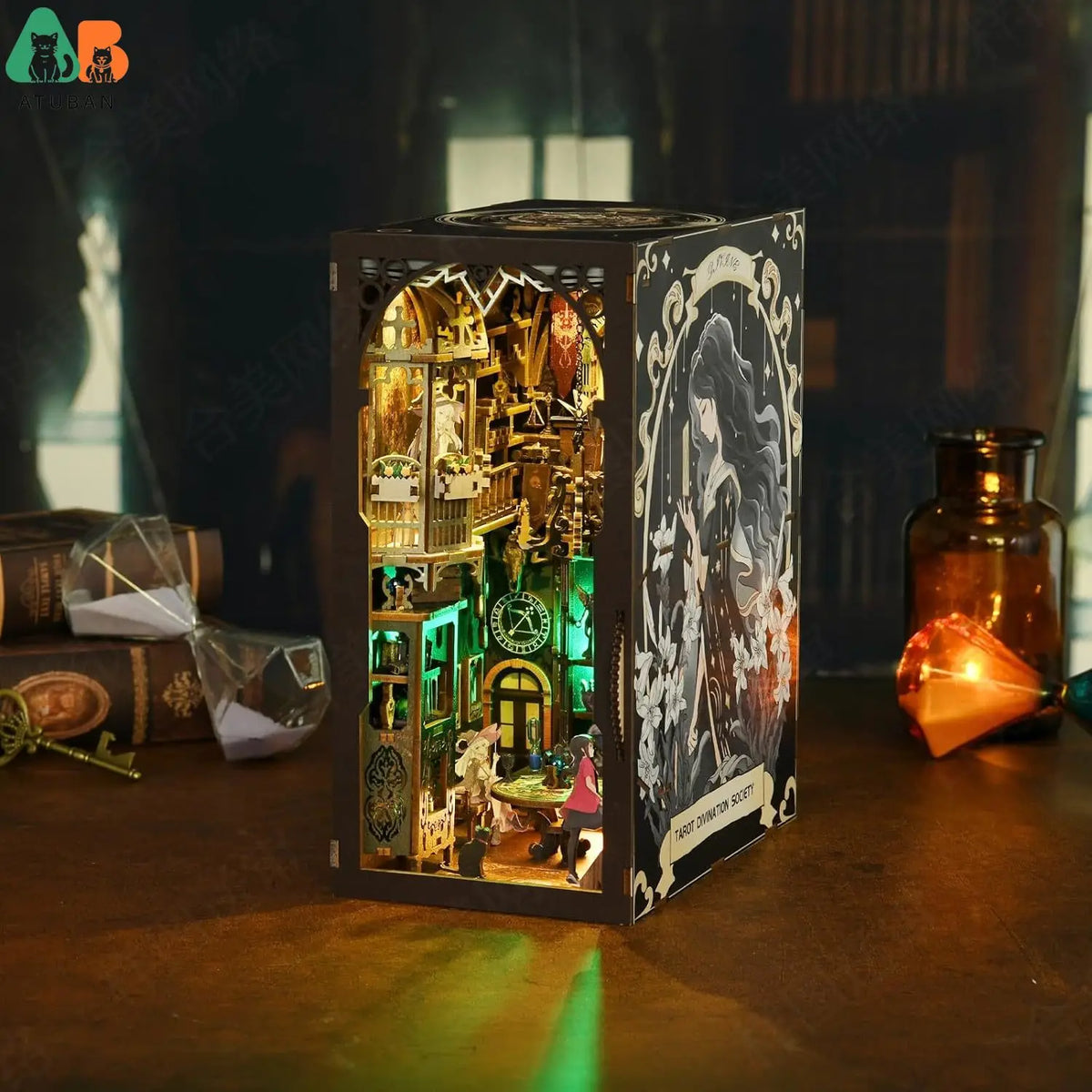 DIY Tarot Divination Book Nook Kit – 3D Wooden Mystic Bookshelf Insert with LED Lights