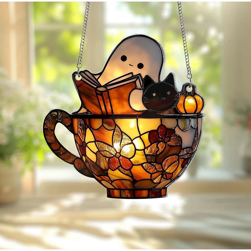 Halloween Ghost Reading Book Window Ornament | Colorful Acrylic Suncatcher