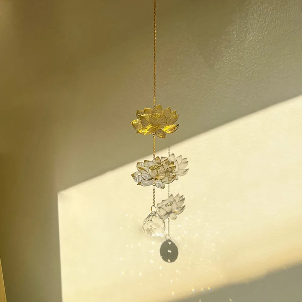Lotus & Ginkgo Leaf Crystal Suncatcher Window Hanging
