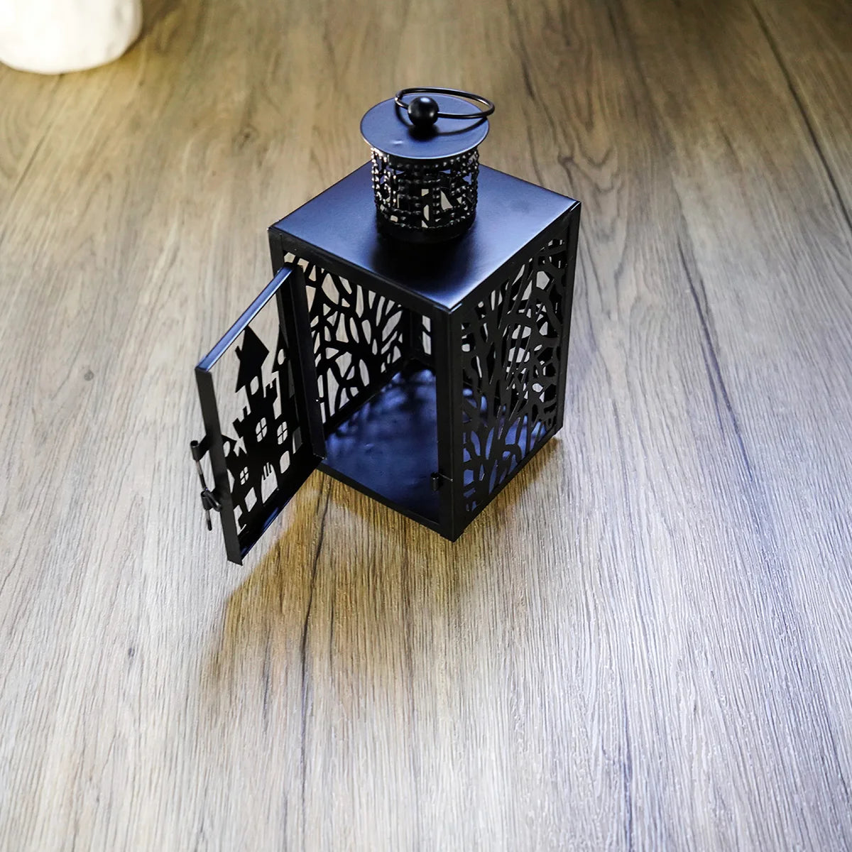 Halloween Iron Hollowed Lantern | Candle Lantern in Cat, Witch, Haunted House & Spooky Tree