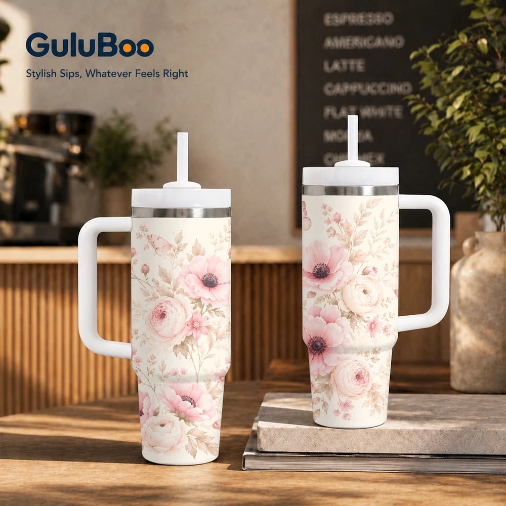 40oz Floral Art Insulated Tumbler | Leak-Proof Travel Mug with Handle & Straw