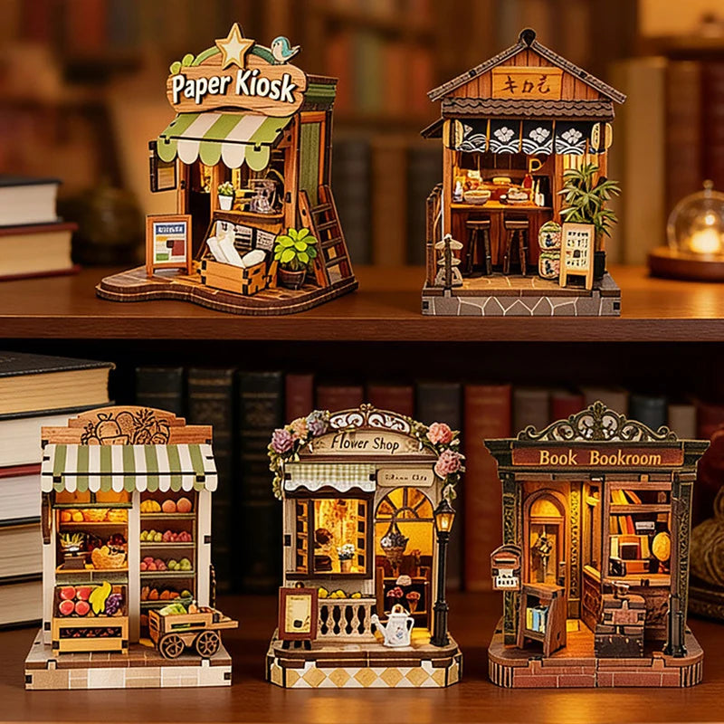 DIY Miniature Cottage Kit – Wooden Kiosk & Fruit Shop Scene with Furniture