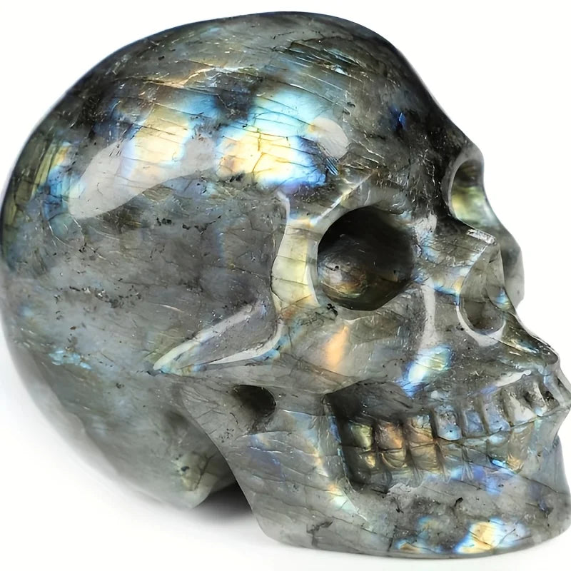 Flash Labradorite Crystal Skull | Carved Healing Stone | Halloween & Meditation Decor