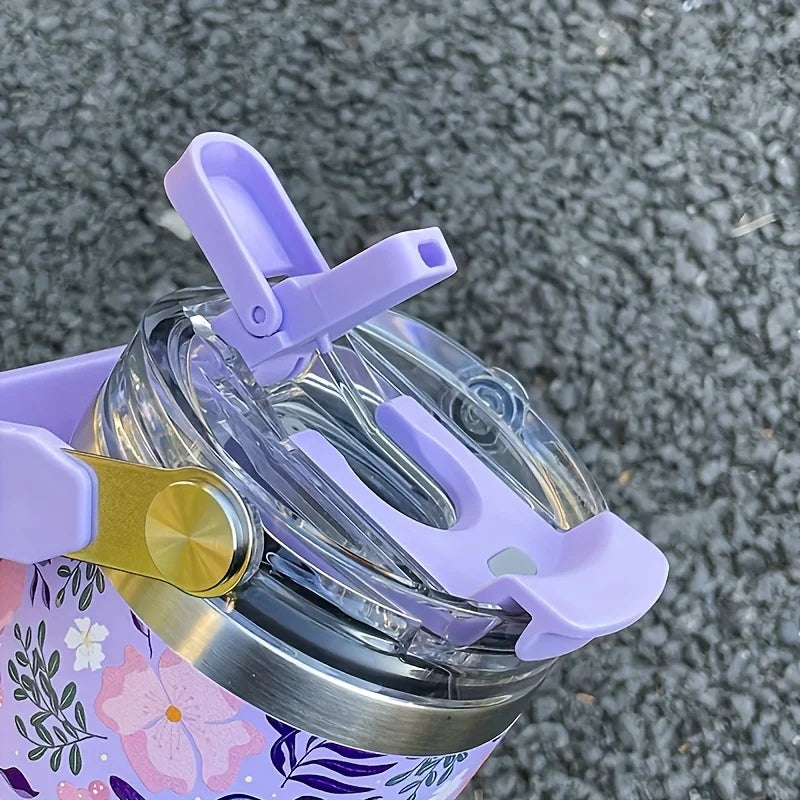 Floral 900 ml Insulated Tumbler with Handle & Straw