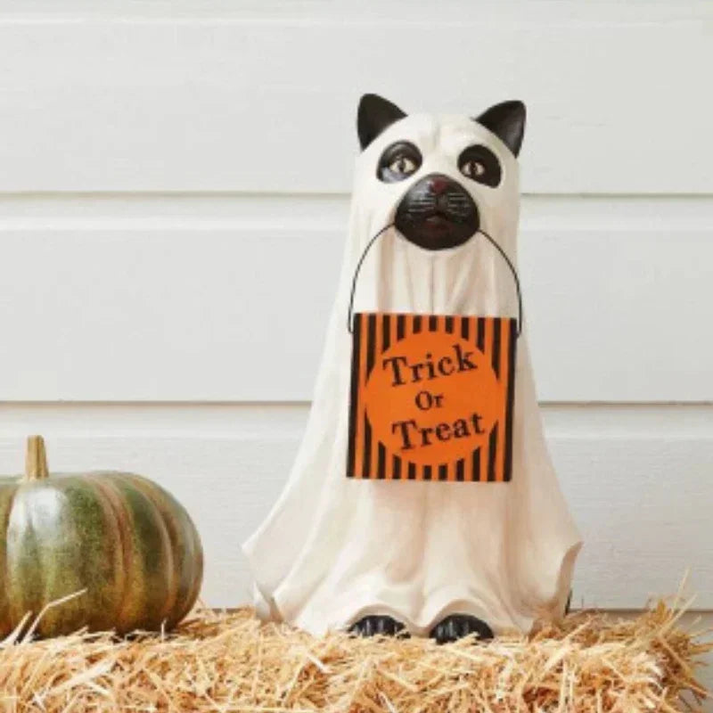 Halloween Resin Cat & Dog Pumpkin Figurine Decor