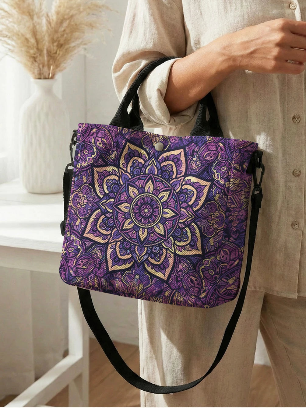 Purple & Gold Mandala Tote Bag with Detachable Strap