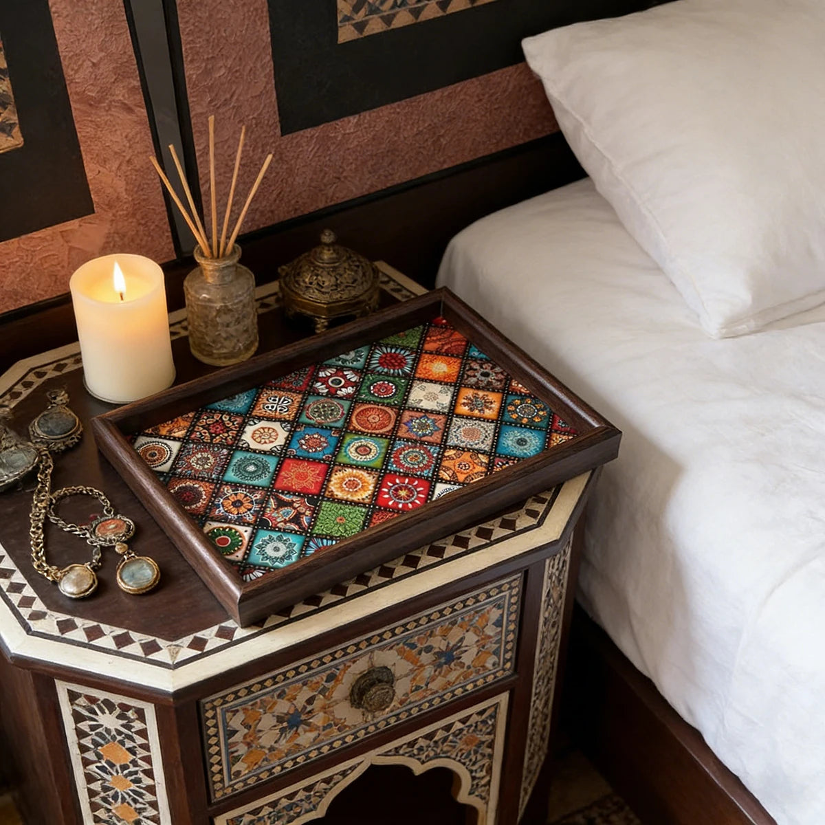 Boho Wooden Decorative Tray | Rustic Handmade Storage & Serving Tray