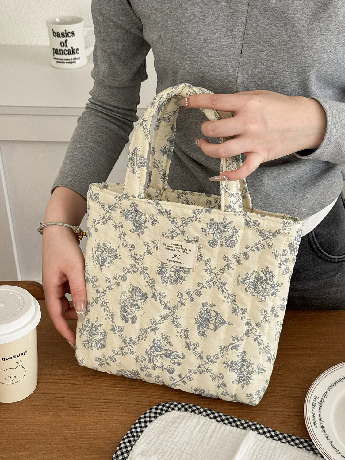 Quilted Cotton Flower Tote Bag | Boho Lunch & Shoulder Bag for Women