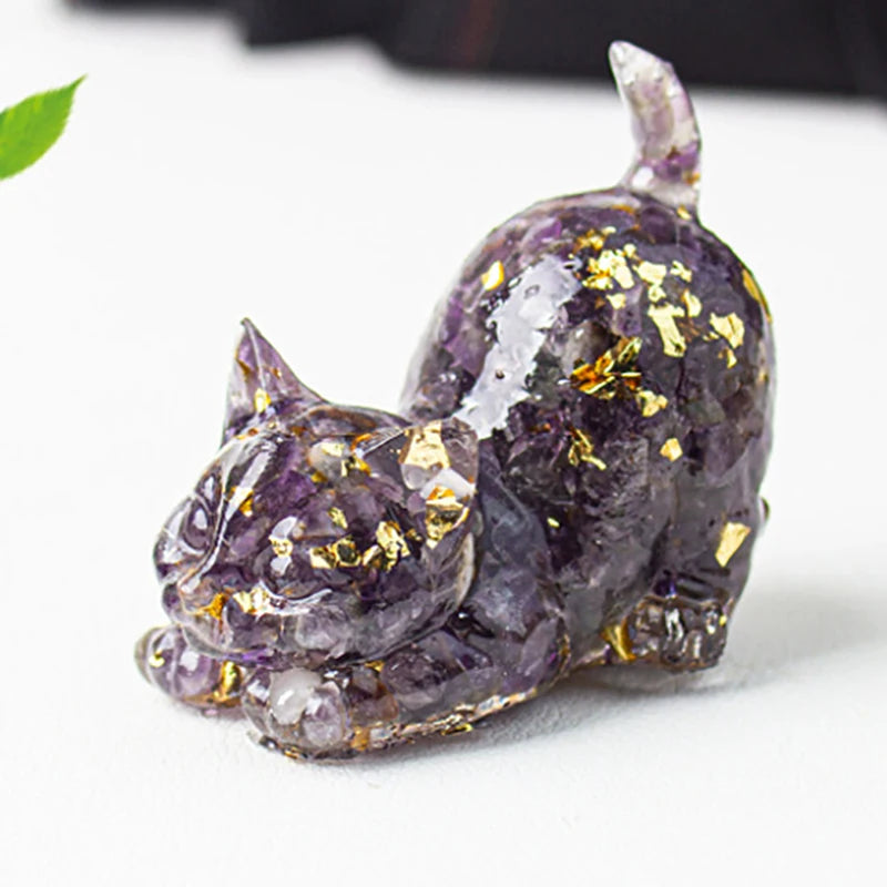 Natural Crystal Cat Figurine — Stone Sculpture Desktop Décor