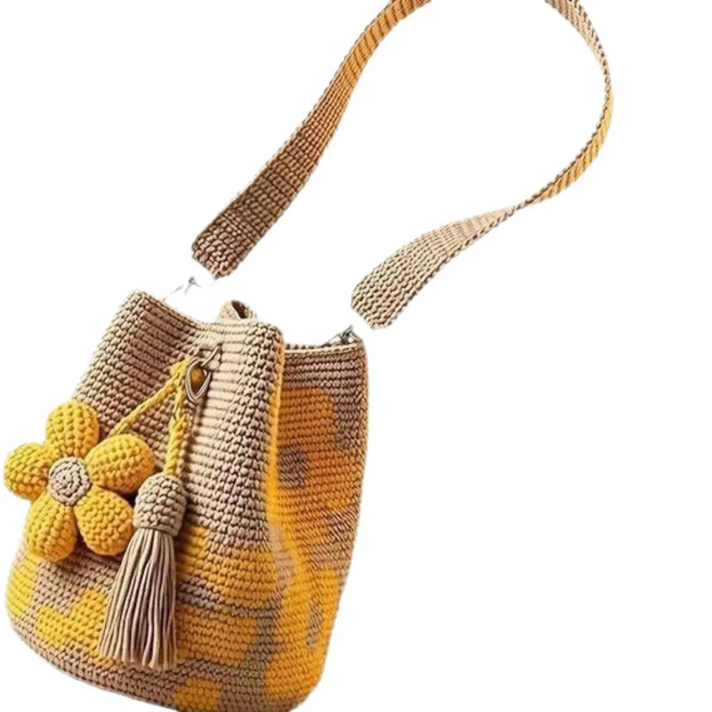 Boho Floral Crochet Bucket Bag | Handwoven Tassel Shoulder & Crossbody Purse in Blue or Yellow