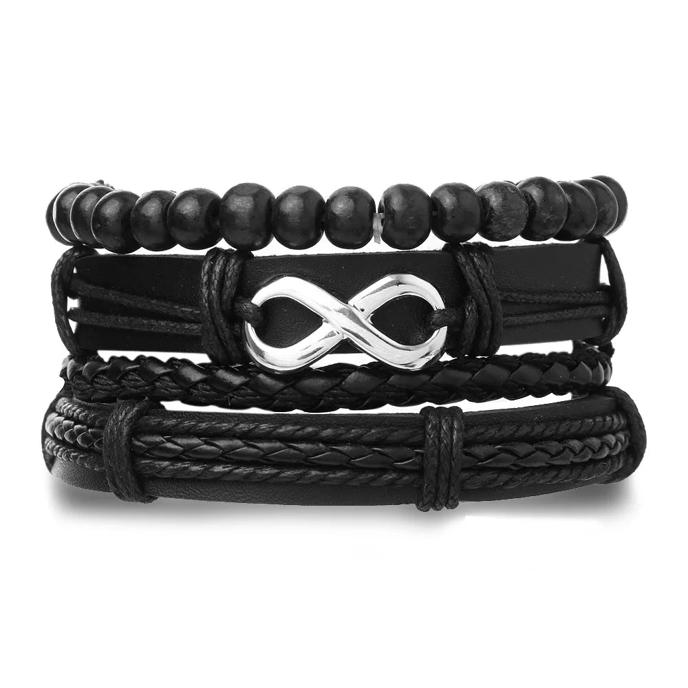 Boho Leather Wrap Bracelet Set — 4 Piece Layering Bracelet Gift Set