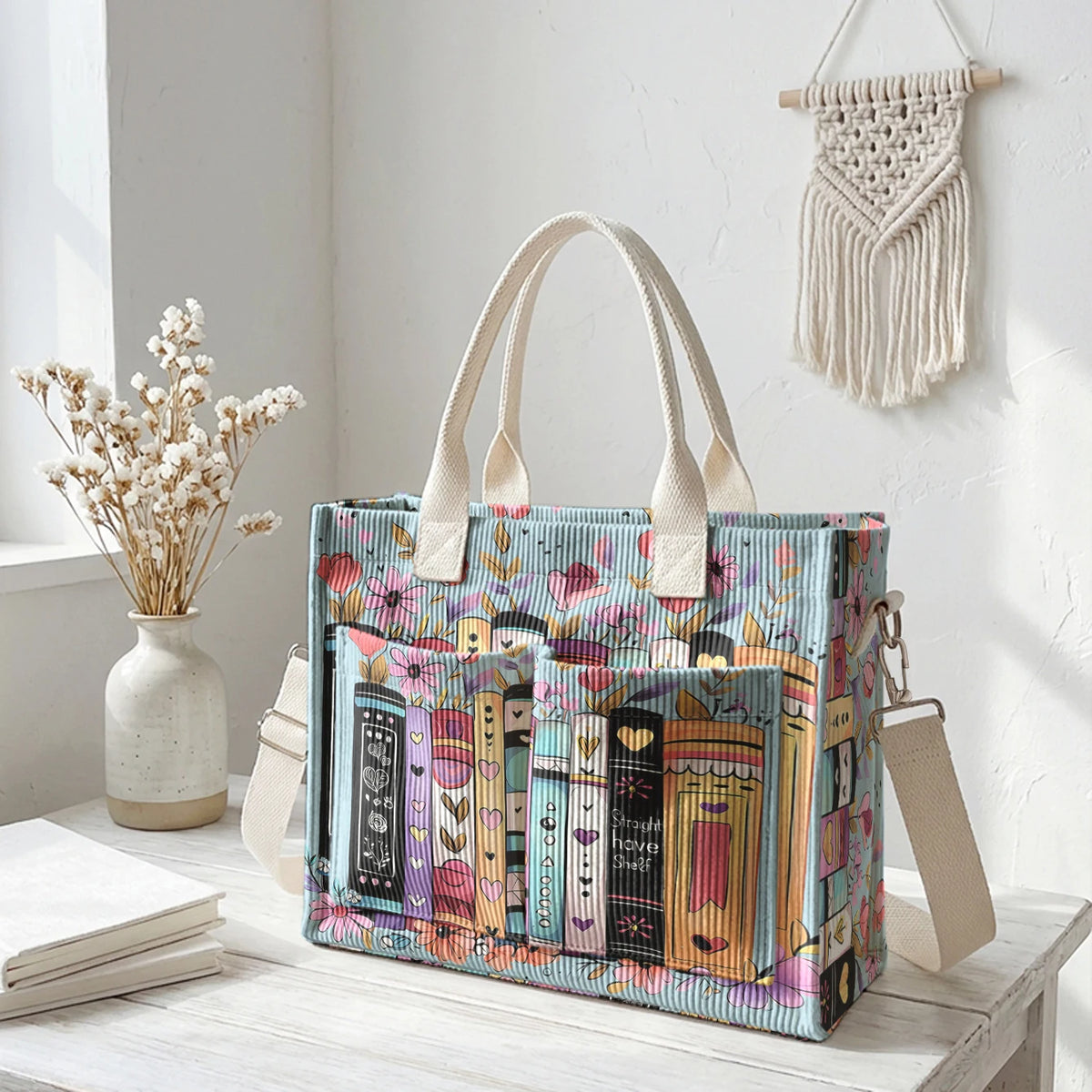 Books & Flowers Corduroy Tote Bag | Choose Your Color