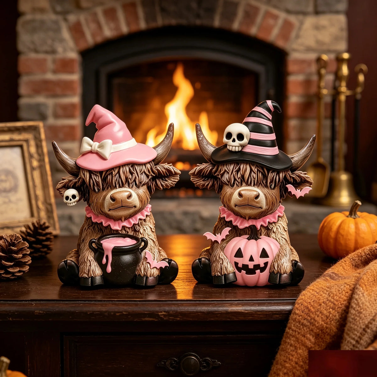 Halloween Highland Cow Wooden Statue Set | Skull Hat Tabletop Decor | Multiple Colors