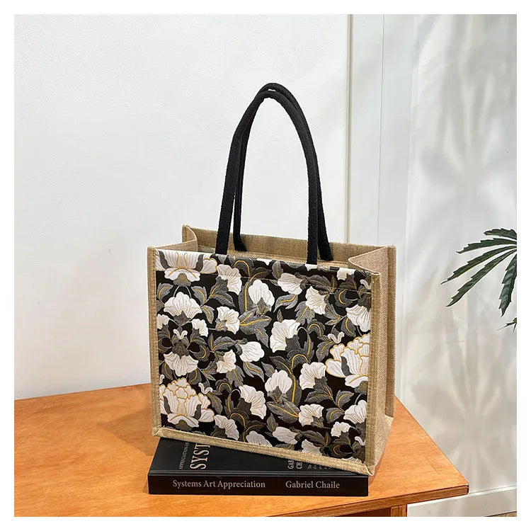 Floral Linen Tote Bag | Boho Bento Shoulder Bag for Women