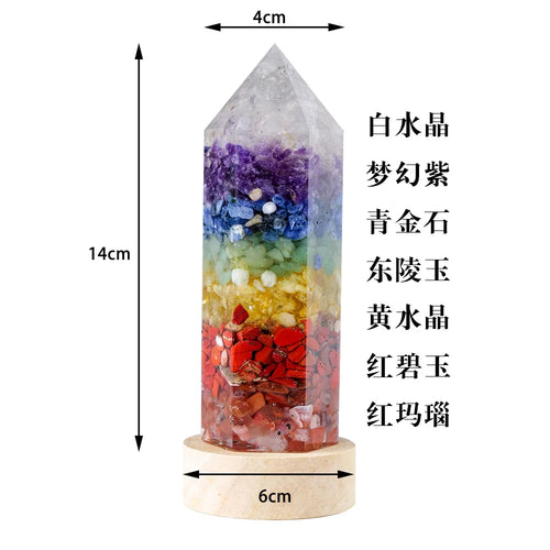 7 Chakra Crystal Column LED Night Light — USB Wood Base Obelisk