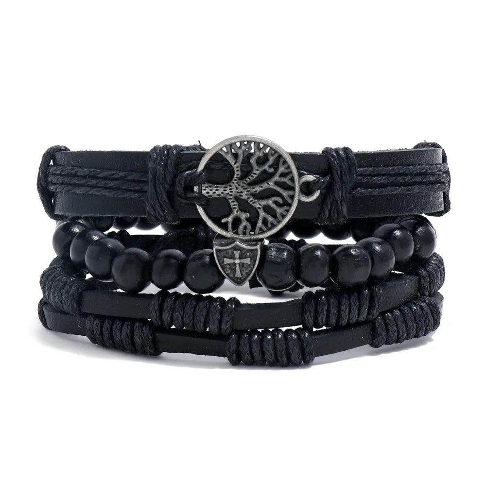 Boho Leather Wrap Bracelet Set — 4 Piece Layering Bracelet Gift Set