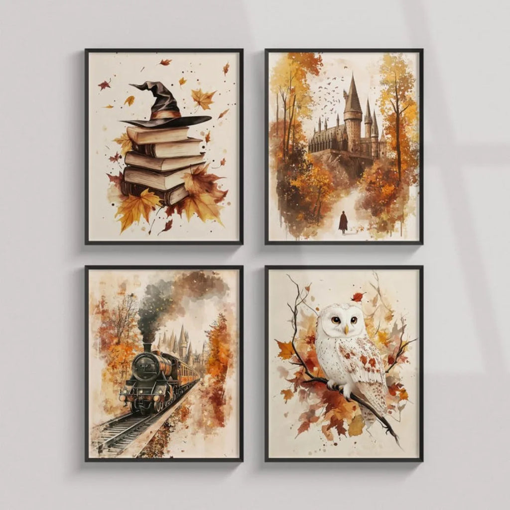 Autumn Magic Canvas Print Set of 4 | Books, Owl & Train