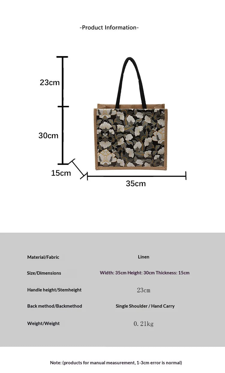 Floral Linen Tote Bag | Boho Bento Shoulder Bag for Women