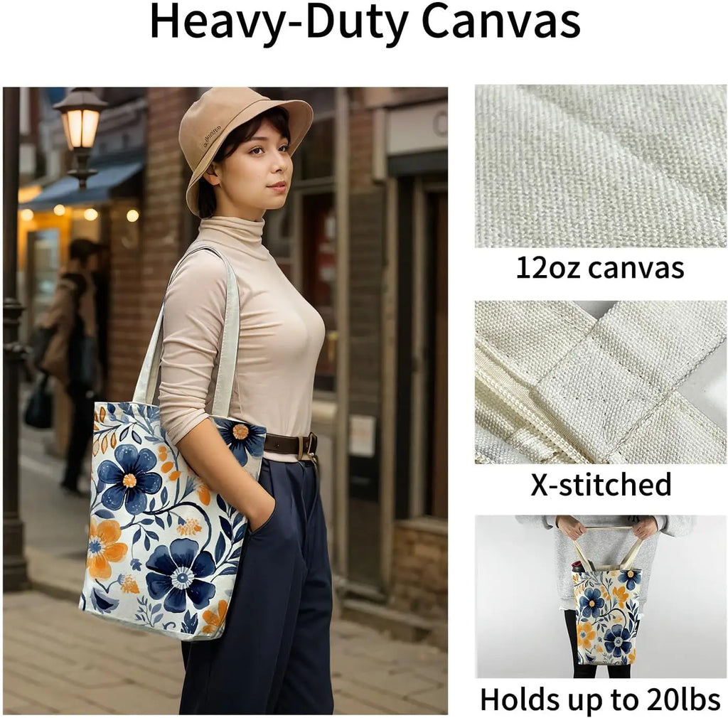 Floral Canvas Tote Bag | Zippered Women's Bag for Work, Shopping & Everyday
