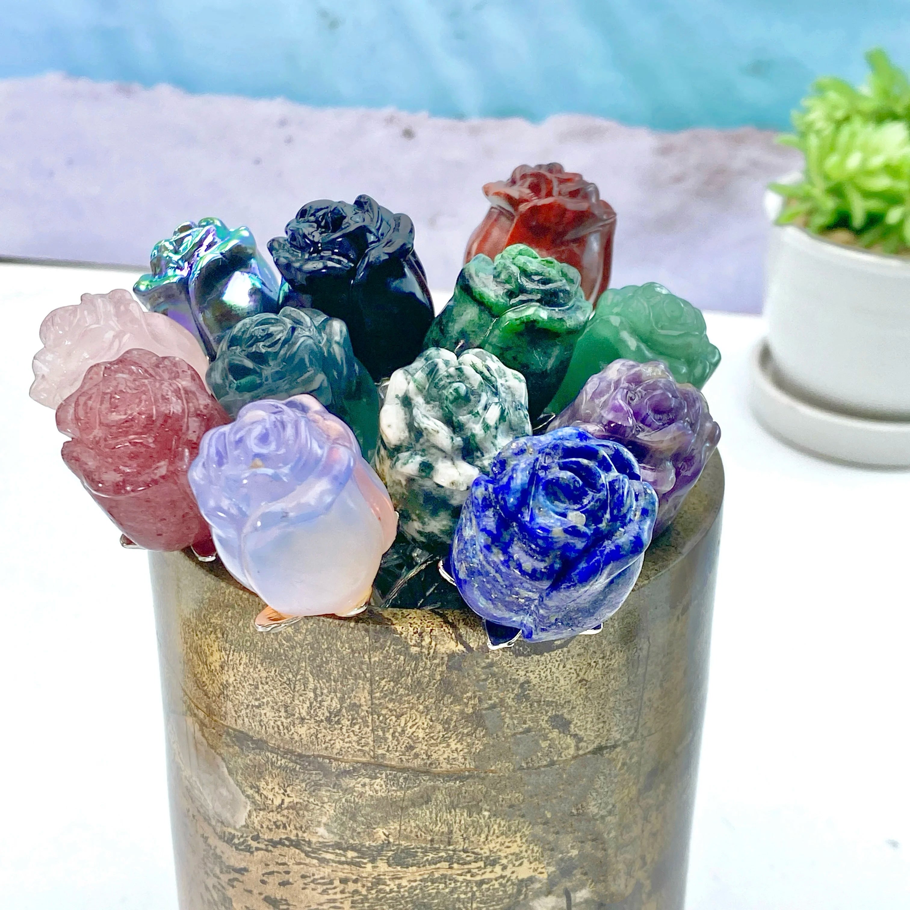 Crystal Carved Rose Flower — Natural Gemstone Rose Gift