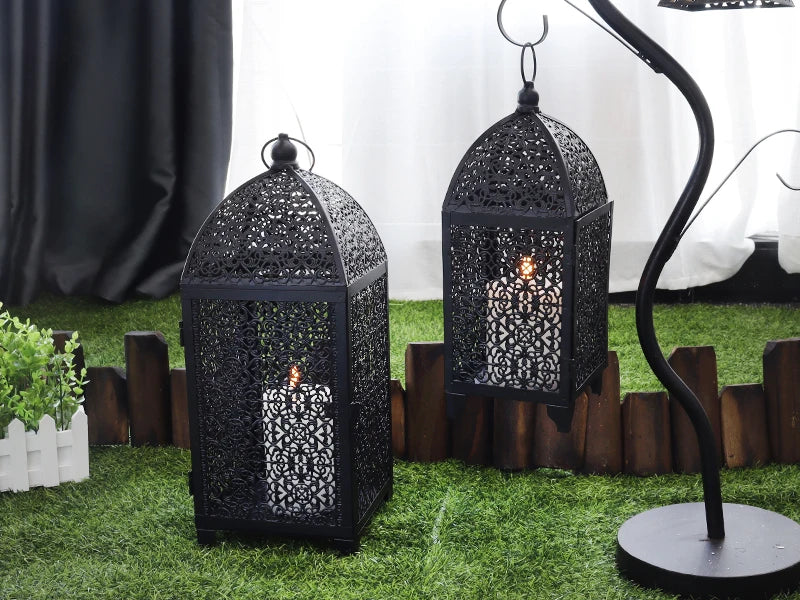 Black Metal Candle Lantern Set | Vintage Boho Candle Holders (Set of 2)
