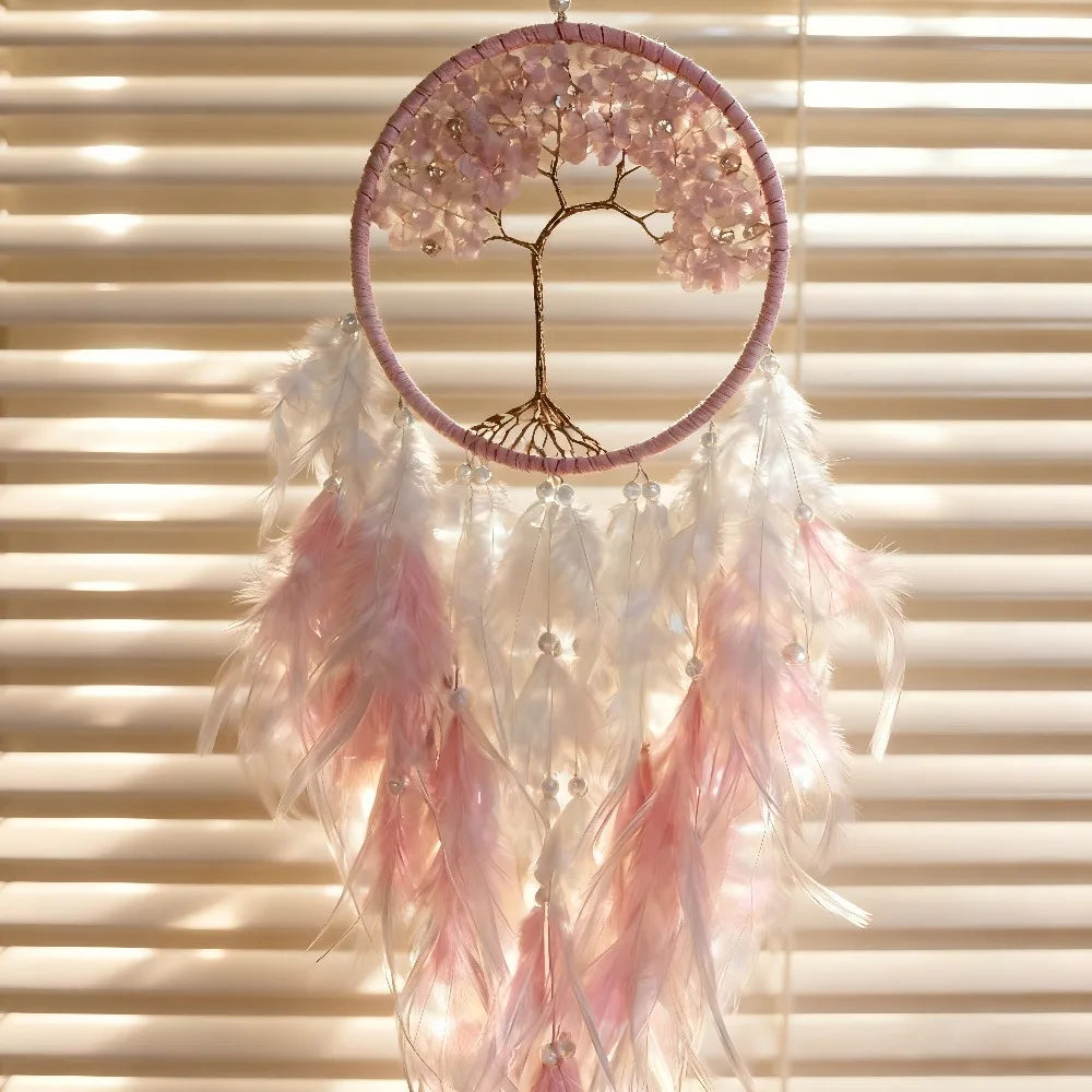 Crystal Tree of Life Dreamcatcher — Boho Feather Wall Hanging