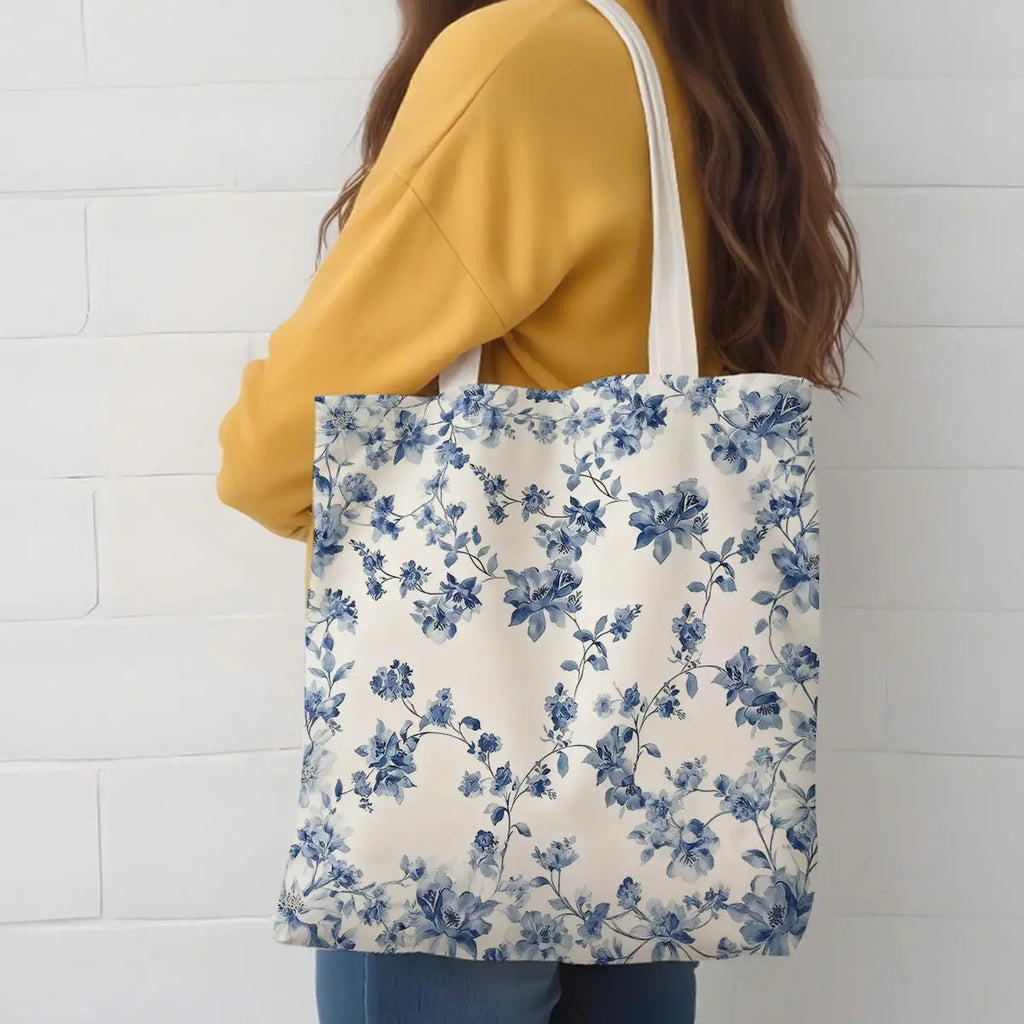 Blue Floral Canvas Tote Bag | Reusable Shopping & Travel Bag