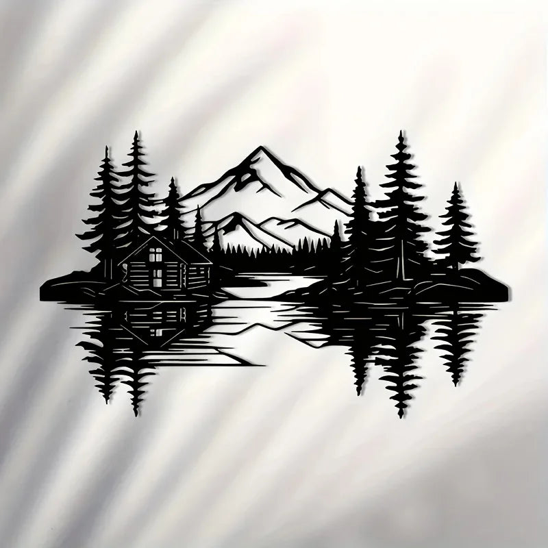 Lakeside Cabin & Mountain Metal Wall Art