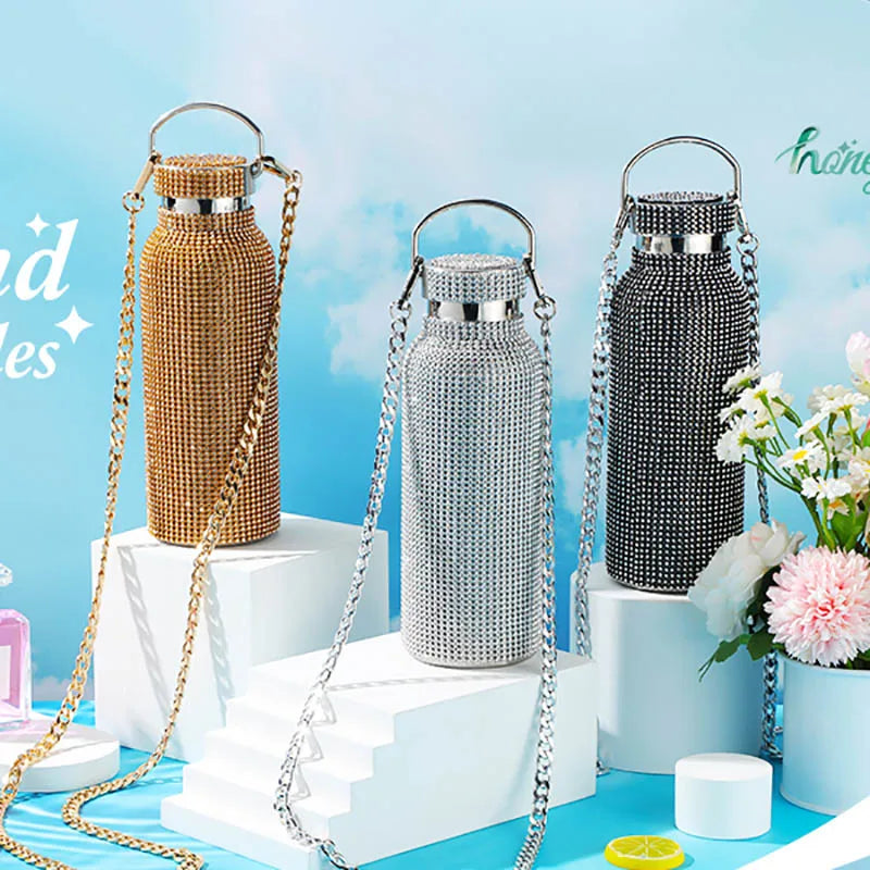 Shiny Glitter & Leopard Print Tumbler | Insulated Stainless Steel Cup with Chain