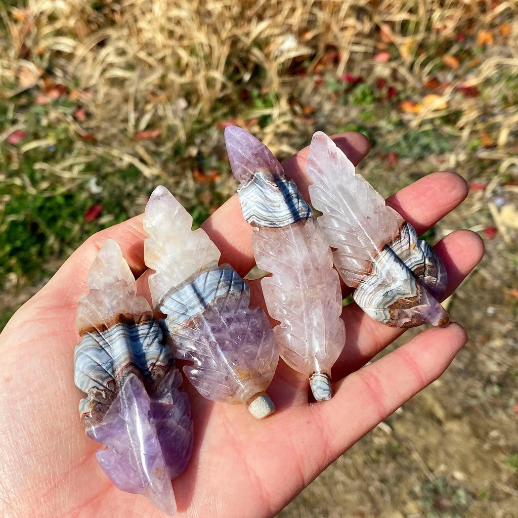 Hand-Carved Crystal Feather Sculpture | Amethyst & Crazy Lace Agate