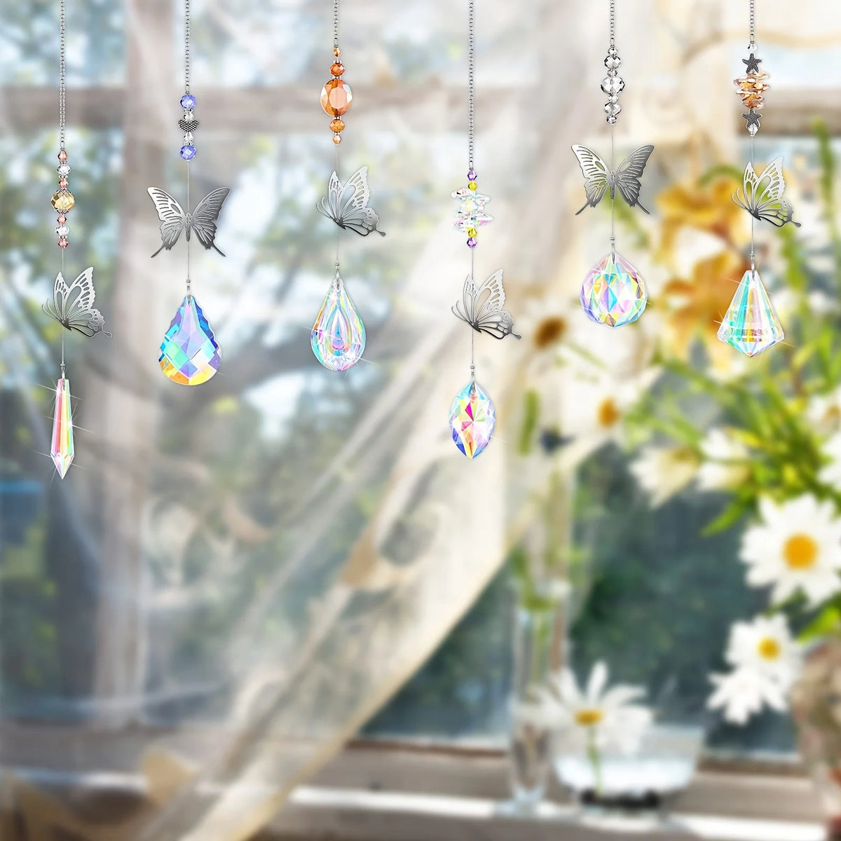 7 Pieces Crystal Butterfly Suncatcher Set — Rainbow Prism Window Hanging