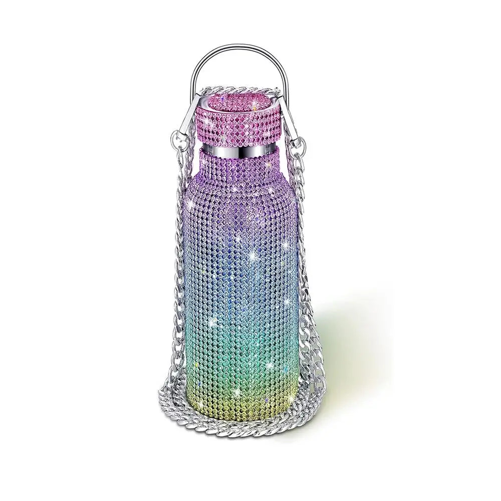 Rhinestone Glitter Water Bottle with Chain Strap | Bling Insulated Tumbler