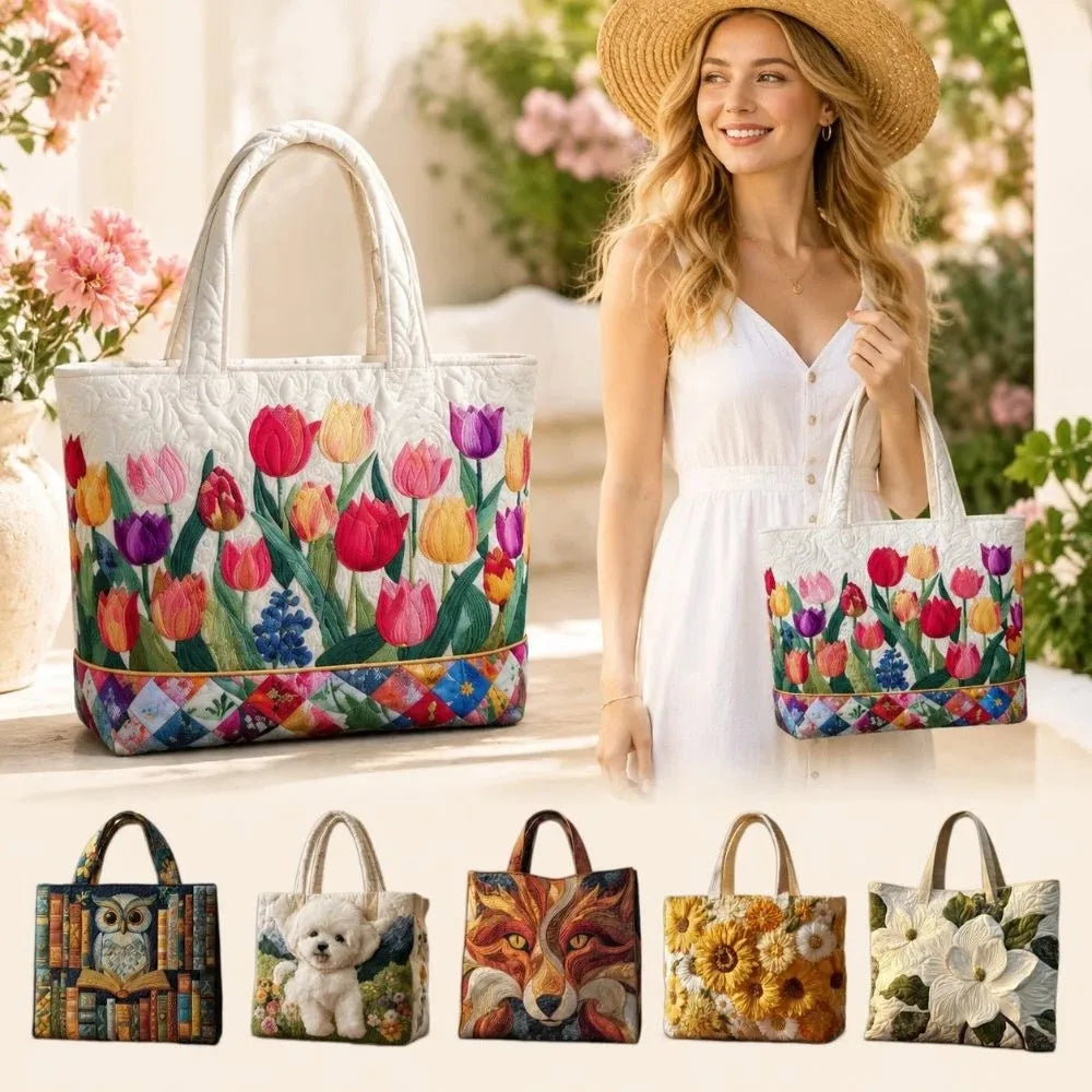 Quilted-Look Canvas Tote Bag | Floral & Animal Designs