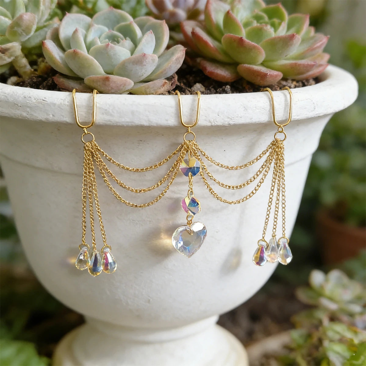 Crystal Heart Flower Pot Hanging Ornament | Boho Aurora Prism Plant Accessory