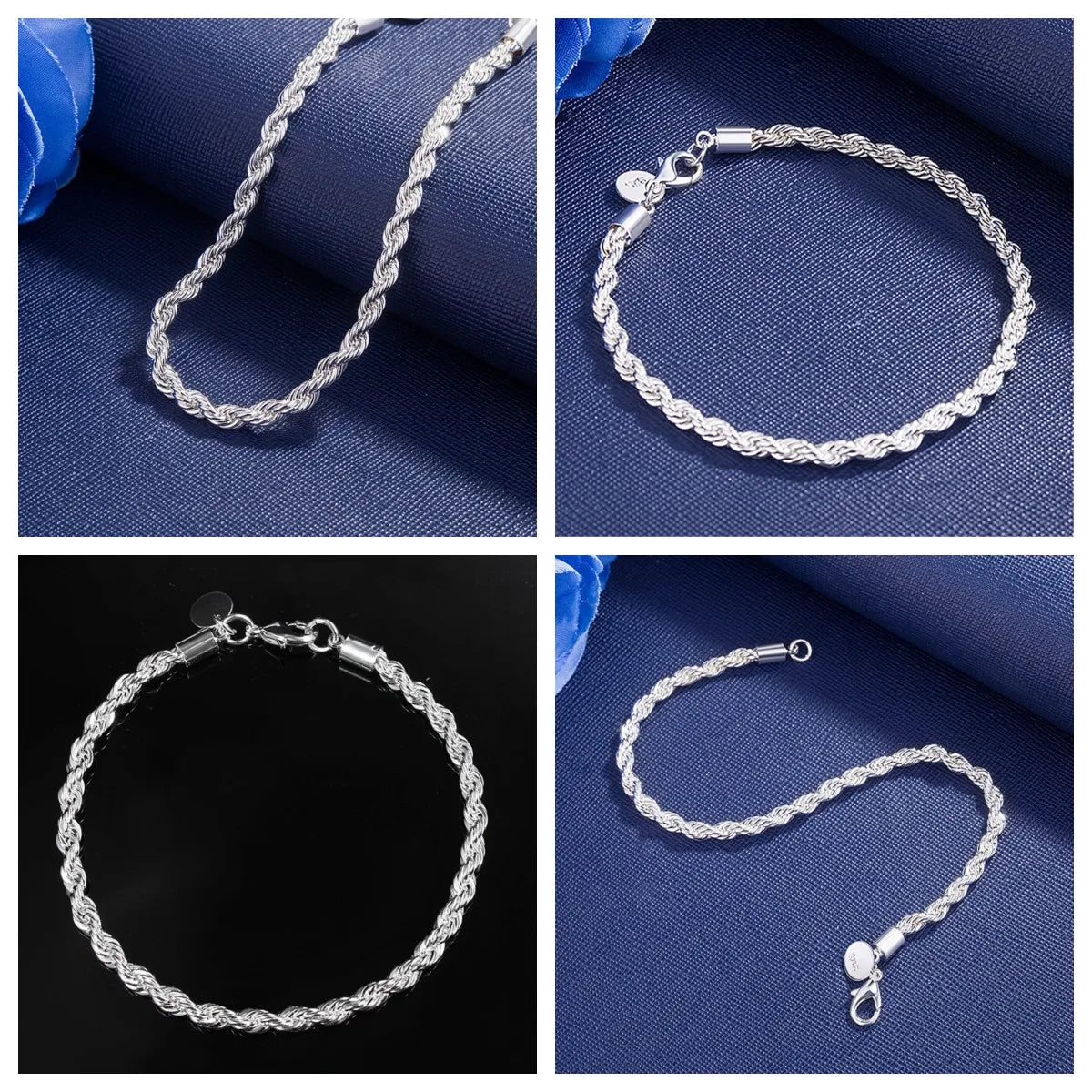 925 Sterling Silver Rope Chain Bracelet | 4mm Twisted Chain, 8 Inches
