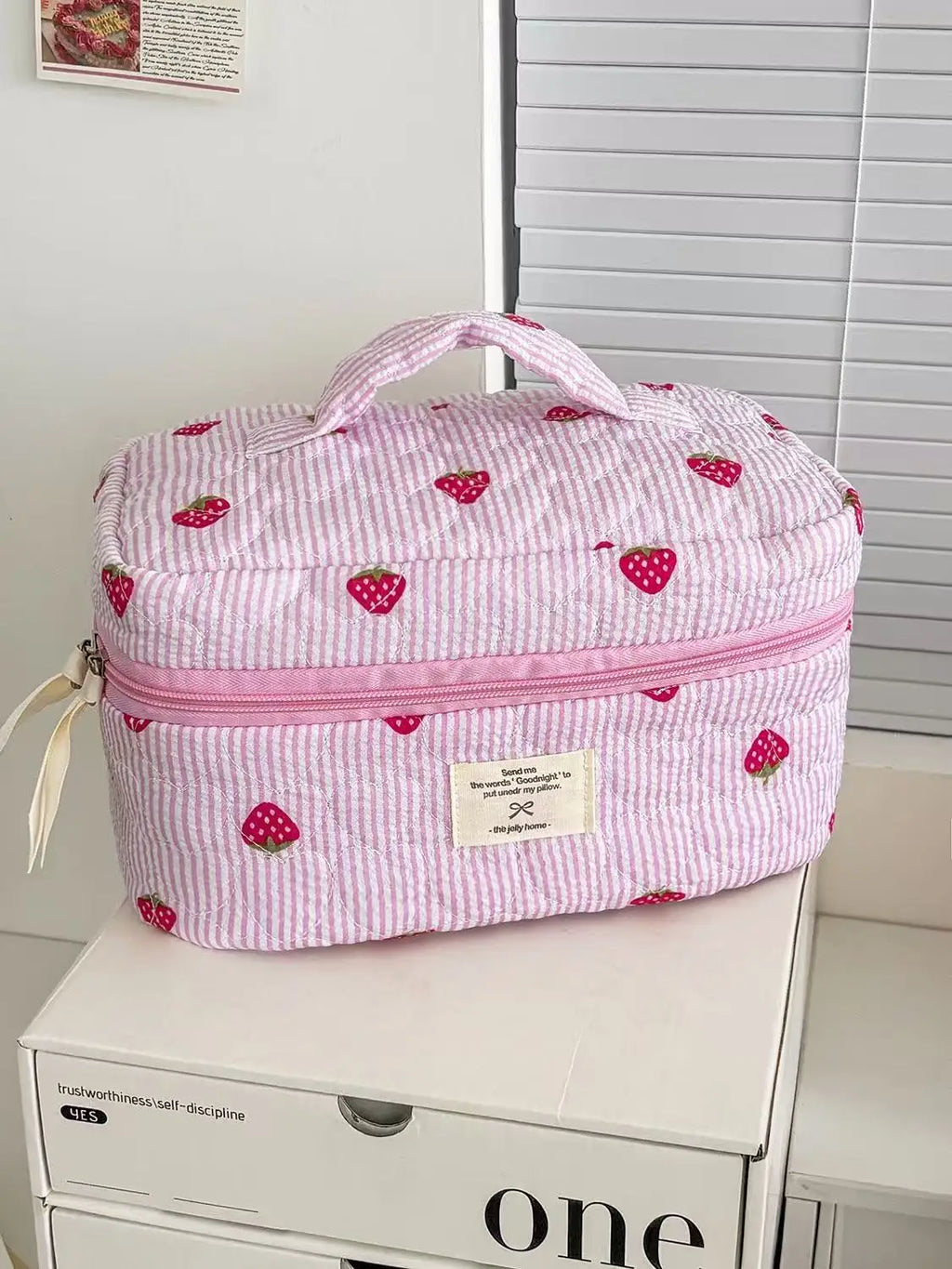 Pink Strawberry Quilted Toiletry Bag | Travel Cosmetic Organizer
