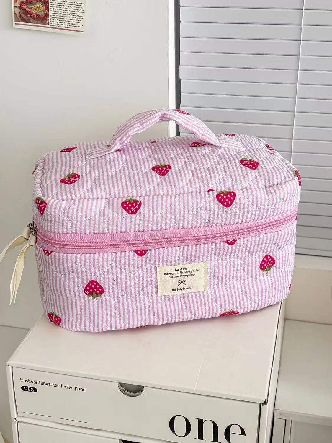 Pink Strawberry Quilted Toiletry Bag | Travel Cosmetic Organizer