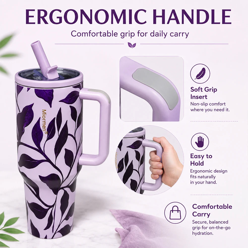 Purple Floral 40 oz Insulated Tumbler with Handle & Straw
