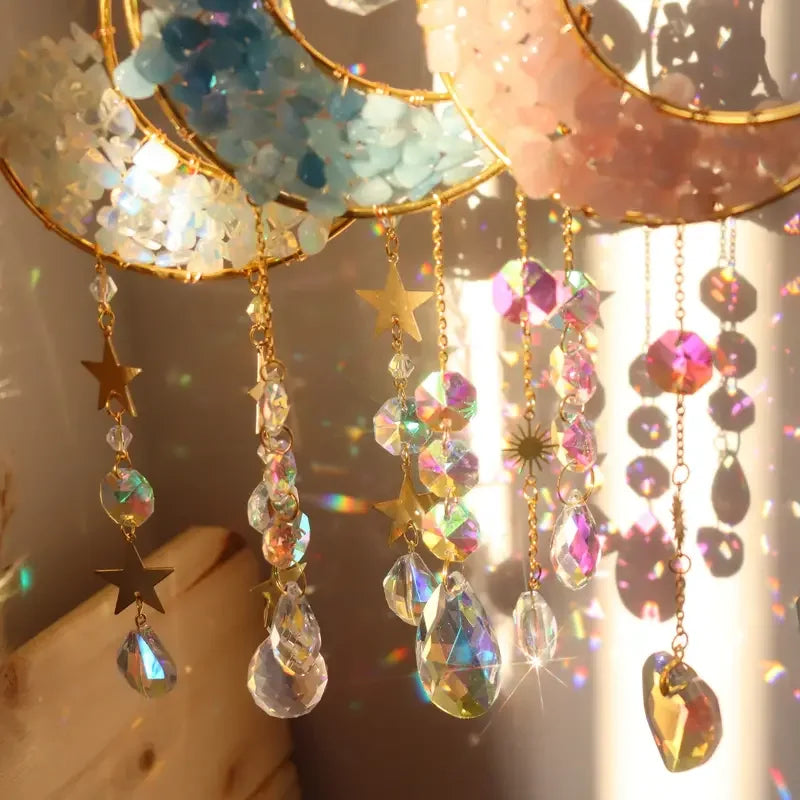 Crystal Moon Suncatcher | Gold Crescent Moon & Gemstone Chip Window Hanging