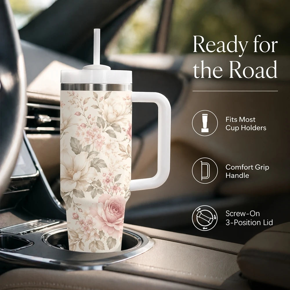 40oz Floral Art Insulated Tumbler | Leak-Proof Travel Mug with Handle & Straw