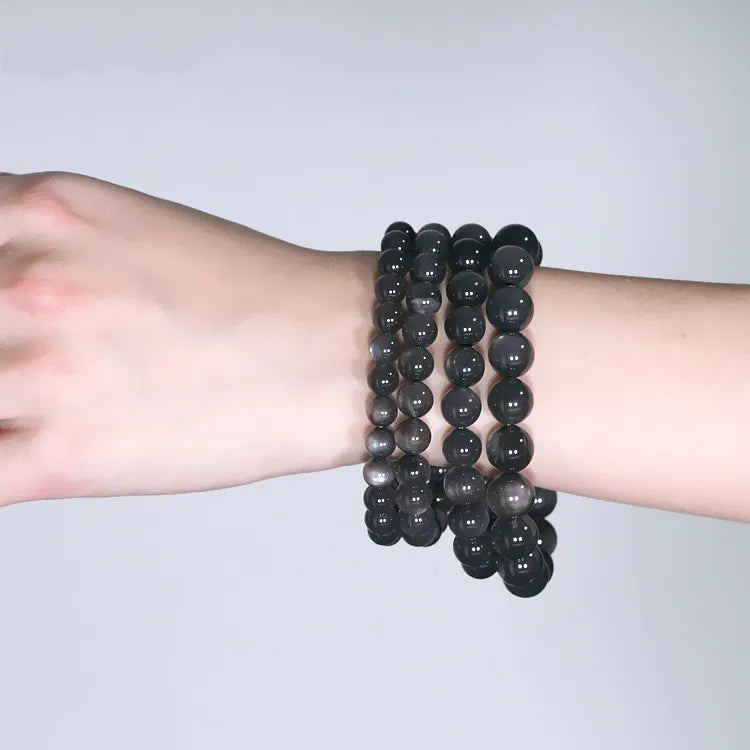 Natural Black Sunstone Bead Bracelet | Round Crystal Gemstone | 7mm–10mm